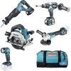 MAKITA Accu Combiset DLX5067TX1: Klopboor-/schroefmachine DHP481Z + Haakse Slijper DGA513Z + Handcirkelzaag DHS661Z + Reciprozaag DJR186Z + LED Werklamp DML815 (incl. 2x Accu 18V/5,0Ah, Lader En Tas) -Gereedschapsopslag DV 8 10454067 01 4c AT 20210609214652