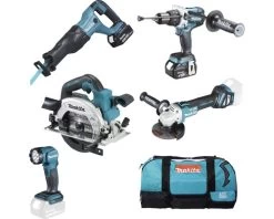MAKITA Accu Combiset DLX5067TX1: Klopboor-/schroefmachine DHP481Z + Haakse Slijper DGA513Z + Handcirkelzaag DHS661Z + Reciprozaag DJR186Z + LED Werklamp DML815 (incl. 2x Accu 18V/5,0Ah, Lader En Tas)